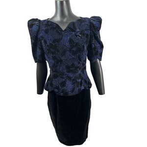 Scott McClintock Dress Black Velvet Blue Glittered Open Back Women's Size 10 80s
